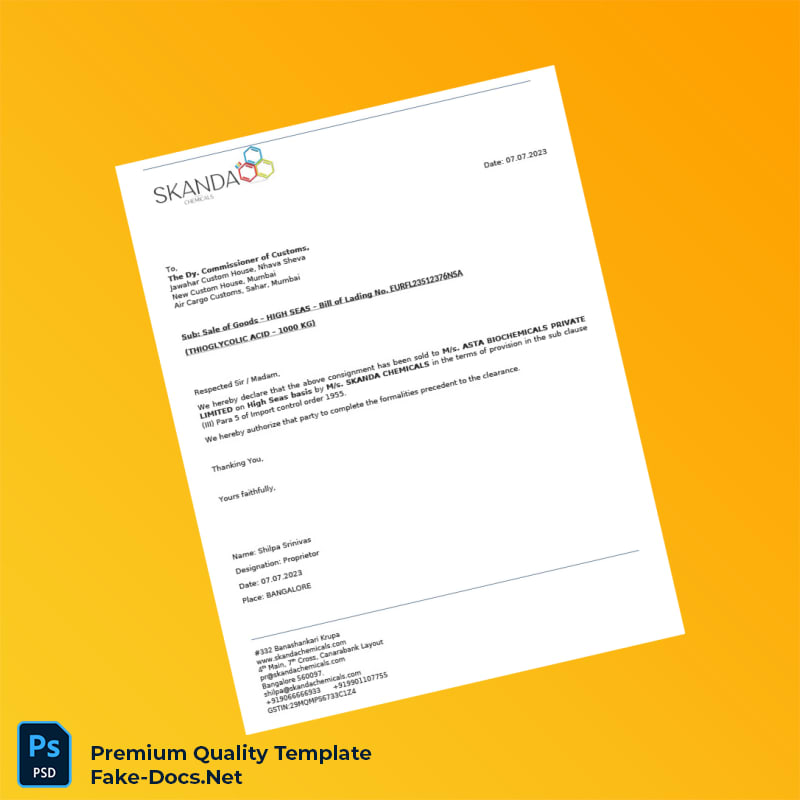 India Skanda Chemicals Employment Verification Letter Template (Word & PDF) 4 page India Skanda Chemicals Employment Verification Letter Template (Word & PDF) 4 page