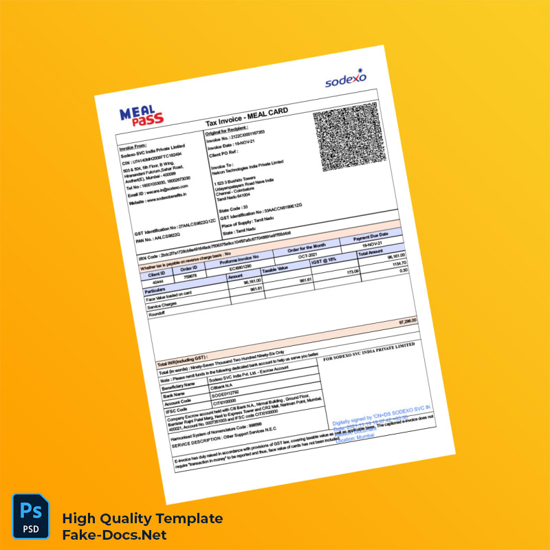 India Sodexo SVC India Private Limited Tax Invoice Template in Word and PDF formats India Sodexo SVC India Private Limited Tax Invoice Template in Word and PDF formats
