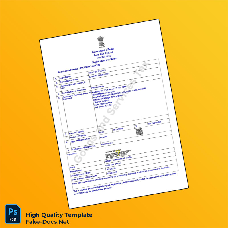 India State Tax Department GST Registration Certificate Template in Word and PDF formats India State Tax Department GST Registration Certificate Template in Word and PDF formats
