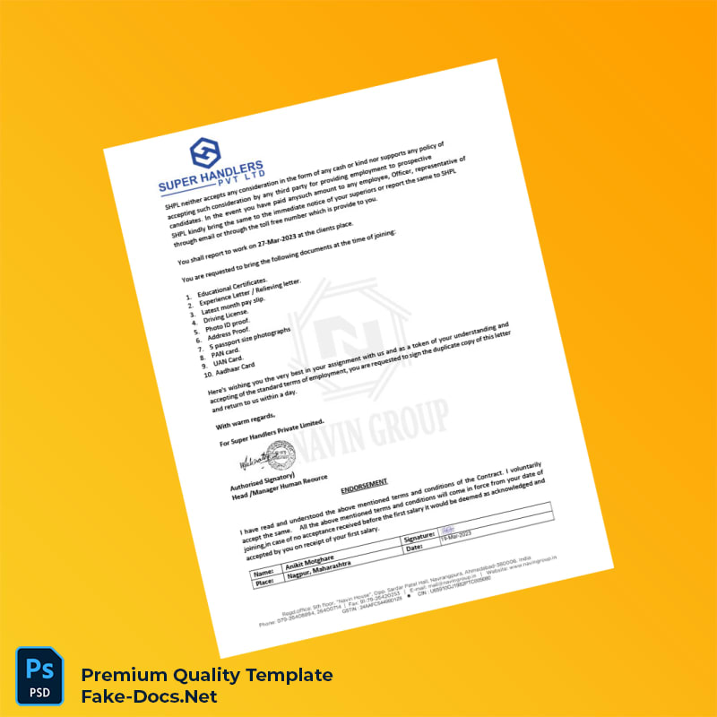 India Super Handlers Private Limited Employment Verification Letter Template (Word & PDF) 5 page India Super Handlers Private Limited Employment Verification Letter Template (Word & PDF) 5 page