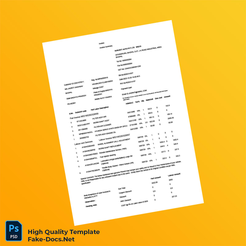 India Surjeet Auto Pvt Ltd Invoice Template in Word and PDF formats 2 page India Surjeet Auto Pvt Ltd Invoice Template in Word and PDF formats 2 page