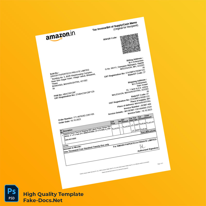 India Swash Papertech Private Limited Tax Invoice Template in Word and PDF formats 2 page India Swash Papertech Private Limited Tax Invoice Template in Word and PDF formats 2 page