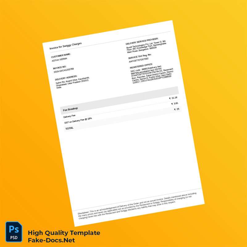 India Swiggy Invoice Template in Word and PDF formats 2 page India Swiggy Invoice Template in Word and PDF formats 2 page