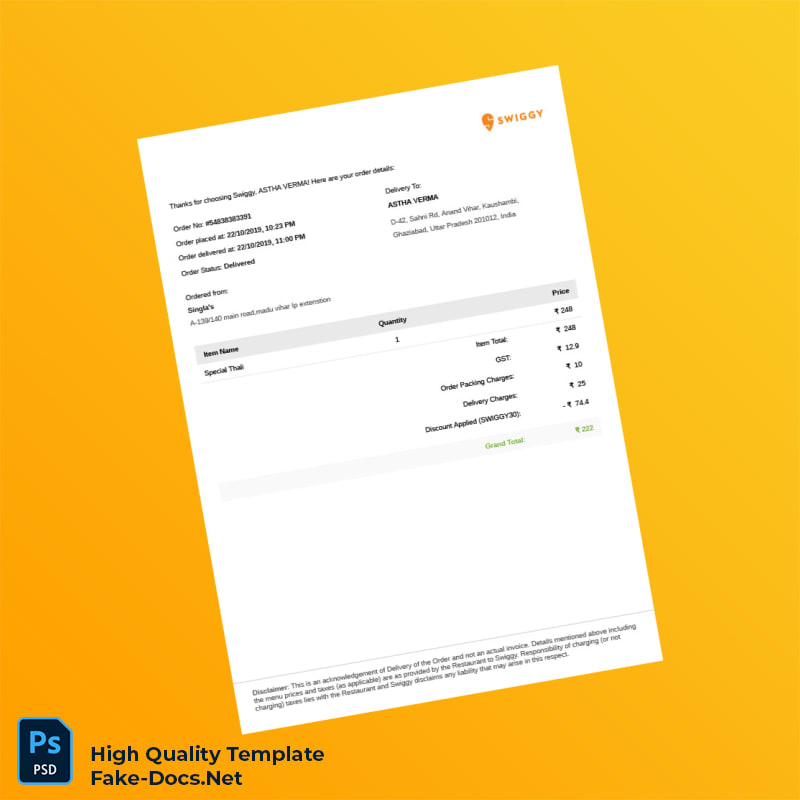 India Swiggy Invoice Template in Word and PDF formats 2 page India Swiggy Invoice Template in Word and PDF formats 2 page