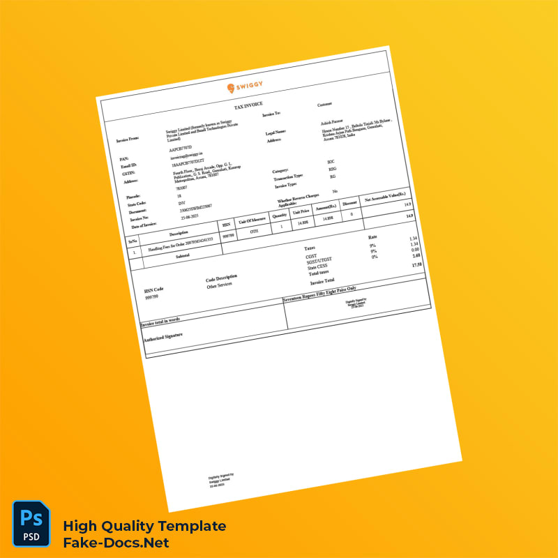 India Swinsta Ent Pvt Ltd Invoice Template in Word and PDF formats India Swiggy Limited Tax Invoice Template in Word and PDF for 2 page India Swinsta Ent Pvt Ltd Invoice Template in Word and PDF formats India Swiggy Limited Tax Invoice Template in Word and PDF for 2 page