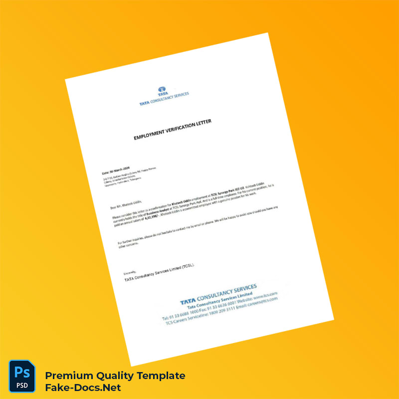 India TATA Consultancy Services Employment Verification Letter Template (Word & PDF) India TATA Consultancy Services Employment Verification Letter Template (Word & PDF)