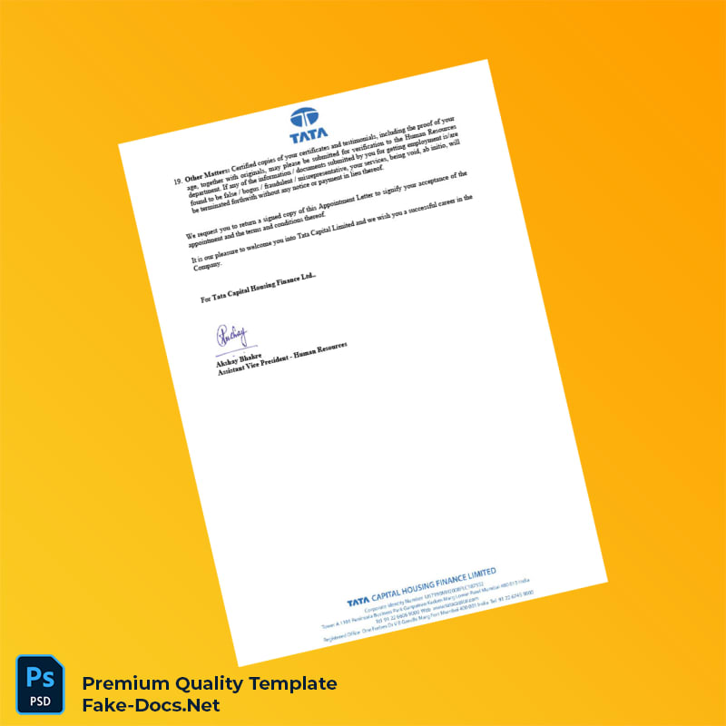 India Tata Capital Limited Employment Verification Letter Template (Word & PDF) 5 page India Tata Capital Limited Employment Verification Letter Template (Word & PDF) 5 page