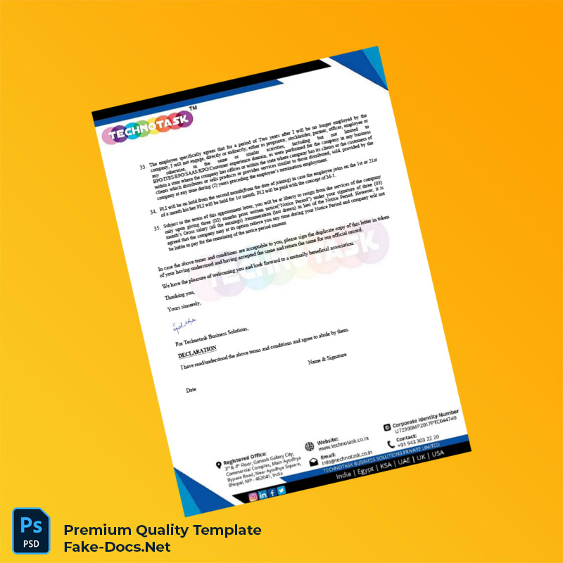 India TechnoTask Employment Verification Letter Template (Word & PDF) 5 page India TechnoTask Employment Verification Letter Template (Word & PDF) 5 page