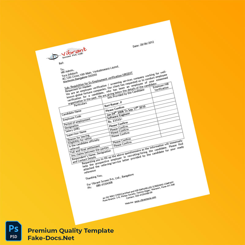 India Tera Infotech Employment Verification Letter Template (Word & PDF) India Tera Infotech Employment Verification Letter Template (Word & PDF)