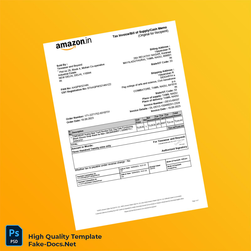 India Timewear And Beyond Tax Invoice Template in Word and PDF formats India Timewear And Beyond Tax Invoice Template in Word and PDF formats