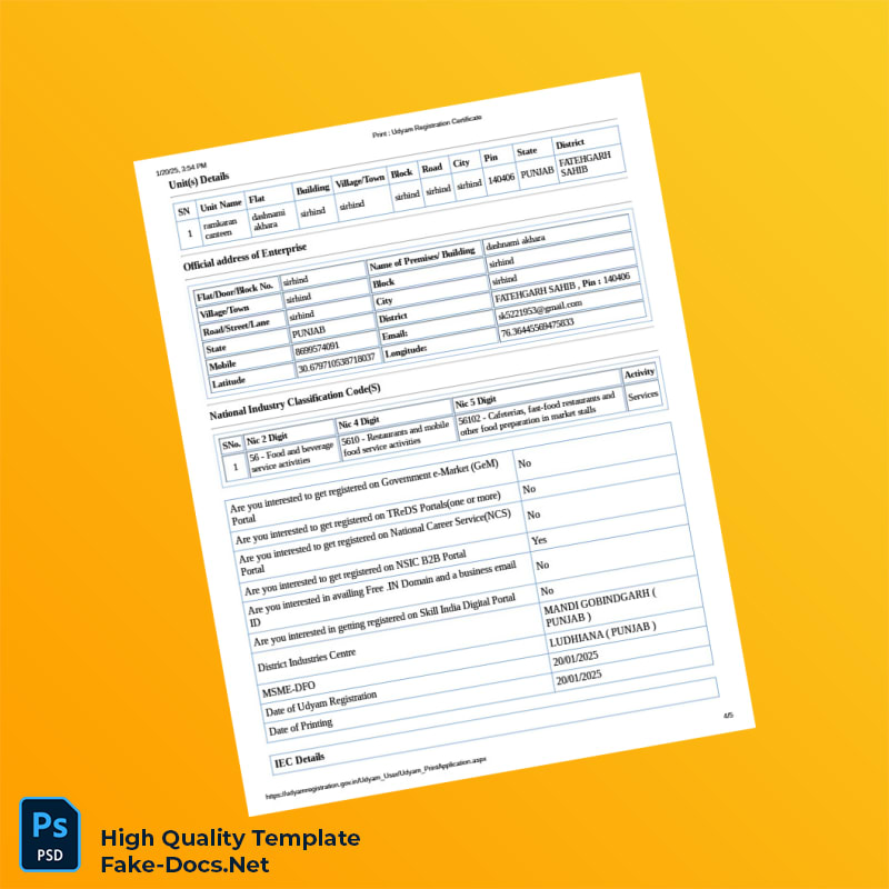 India Udyam Registration Authority Udyam Registration Certificate Template in Word and PDF formats 5 page India Udyam Registration Authority Udyam Registration Certificate Template in Word and PDF formats 5 page