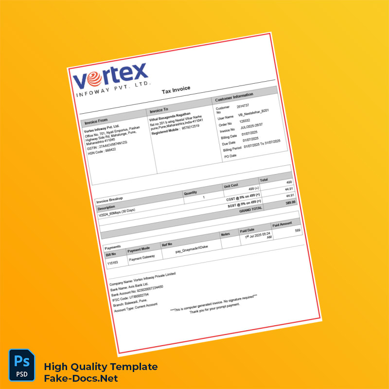 India Vortex Infoway Pvt Ltd Tax Invoice Template in Word and PDF formats India Vortex Infoway Pvt Ltd Tax Invoice Template in Word and PDF formats