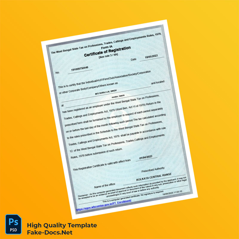 India West Bengal State Tax Department Registration Certificate Template in Word and PDF formats India West Bengal State Tax Department Registration Certificate Template in Word and PDF formats