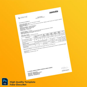 India Zomato Tax Invoice Template in Word and PDF formats 2 page