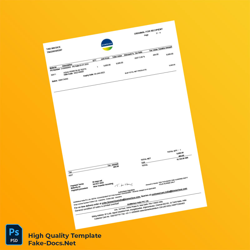 India bioMérieux India Pvt Ltd Tax Invoice Template in Word and PDF formats 4 page India bioMérieux India Pvt Ltd Tax Invoice Template in Word and PDF formats 4 page