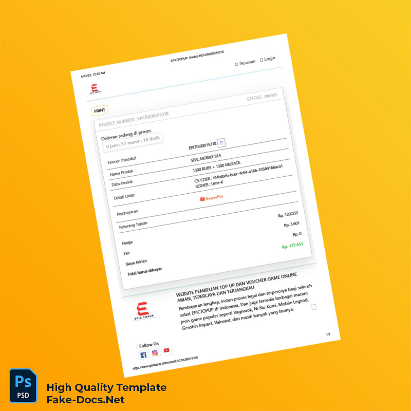 Indonesia EPICTOPUP Invoice Template in Word and PDF formats 2 page Indonesia EPICTOPUP Invoice Template in Word and PDF formats 2 page