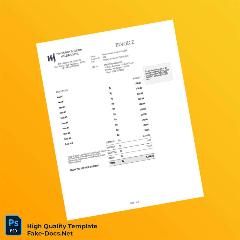 Indonesia Percetakan Sablon Wildan Jaya Invoice Template in Word and PDF formats Indonesia Percetakan Sablon Wildan Jaya Invoice Template in Word and PDF formats
