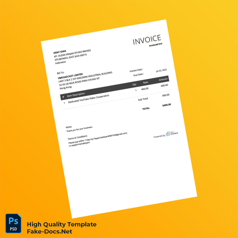 Indonesia VBROADCAST LIMITED Invoice Template in Word and PDF formats Indonesia VBROADCAST LIMITED Invoice Template in Word and PDF formats