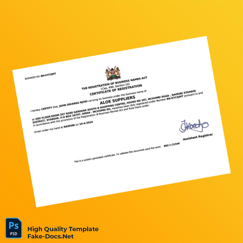 Kenya Assistant Registrar Business Registration Certificate Template in Word and PDF formats Kenya Assistant Registrar Business Registration Certificate Template in Word and PDF formats