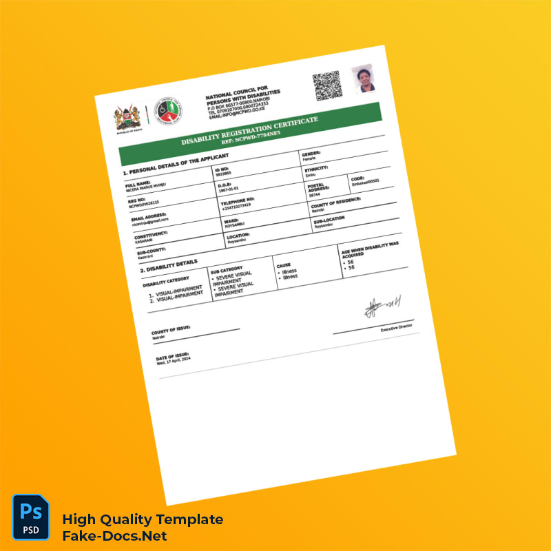 Kenya Disability Registration Certificate Template in Word and PDF formats Kenya Disability Registration Certificate Template in Word and PDF formats
