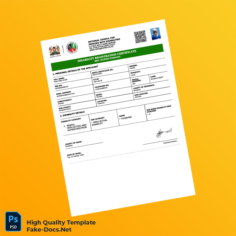 Kenya NCPWD Disability Registration Certificate Template in Word and PDF formats Kenya NCPWD Disability Registration Certificate Template in Word and PDF formats