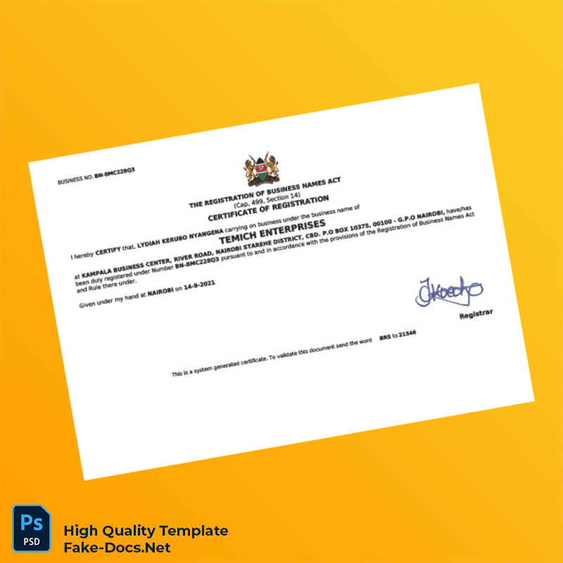 Kenya Registrar of Businesses Business Registration Certificate Template in Word and PDF formats Kenya Registrar of Businesses Business Registration Certificate Template in Word and PDF formats