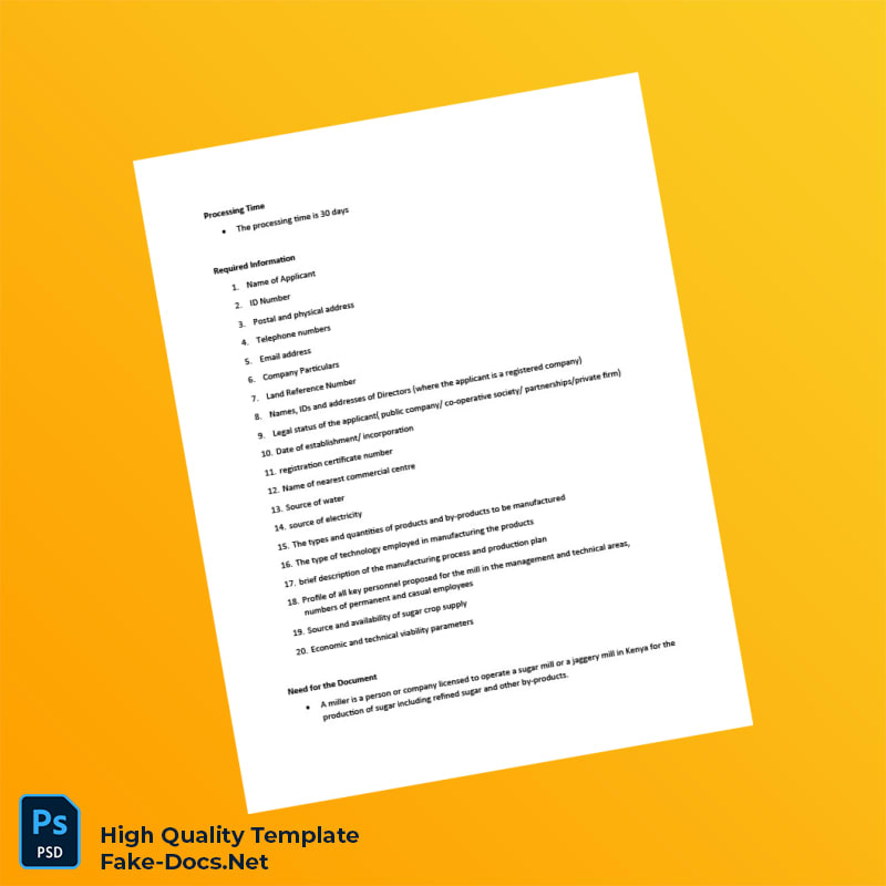 Kenya Sugar Miller Registration Renewal Certificate Template in Word and PDF formats 5 page Kenya Sugar Miller Registration Renewal Certificate Template in Word and PDF formats 5 page