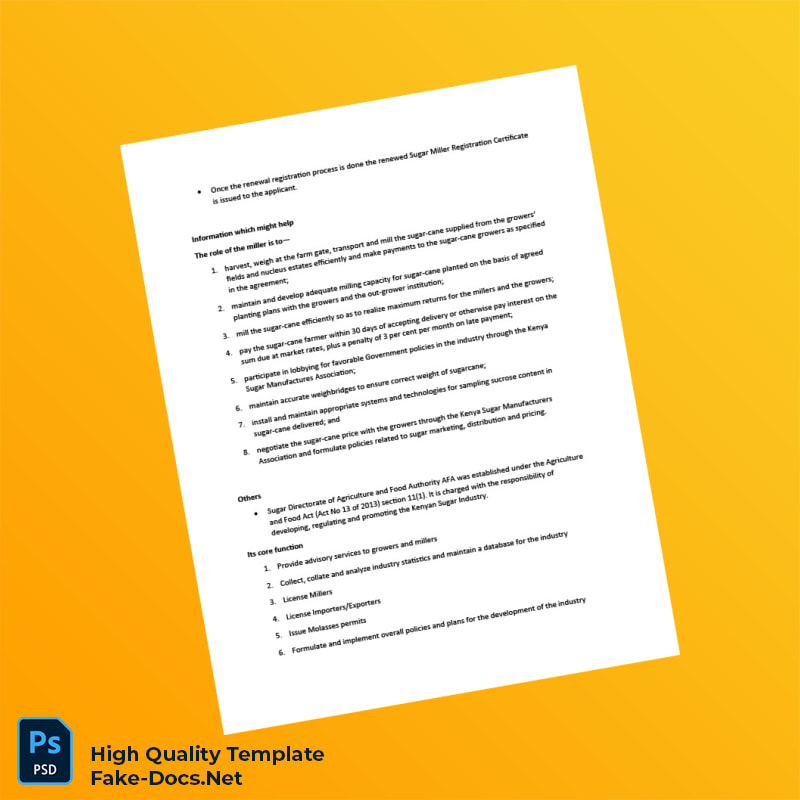 Kenya Sugar Miller Registration Renewal Certificate Template in Word and PDF formats 5 page Kenya Sugar Miller Registration Renewal Certificate Template in Word and PDF formats 5 page