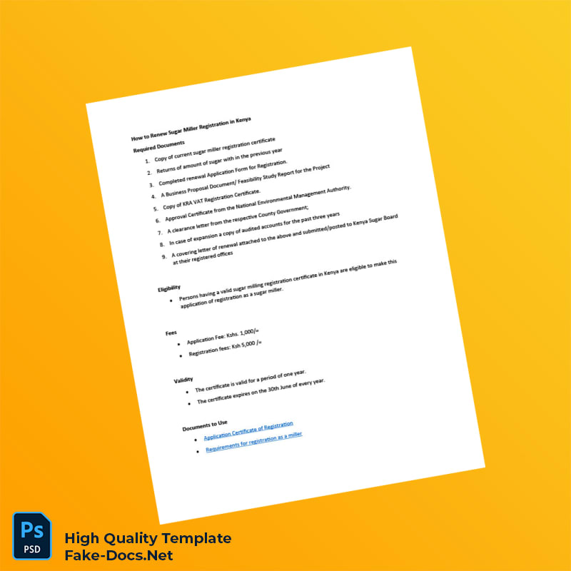 Kenya Sugar Miller Registration Renewal Certificate Template in Word and PDF formats 5 page Kenya Sugar Miller Registration Renewal Certificate Template in Word and PDF formats 5 page