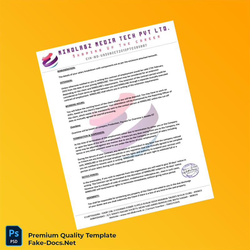 Mindlabz Media Tech Pvt Ltd Employment Verification Letter Template (Word & PDF) 5 page Mindlabz Media Tech Pvt Ltd Employment Verification Letter Template (Word & PDF) 5 page