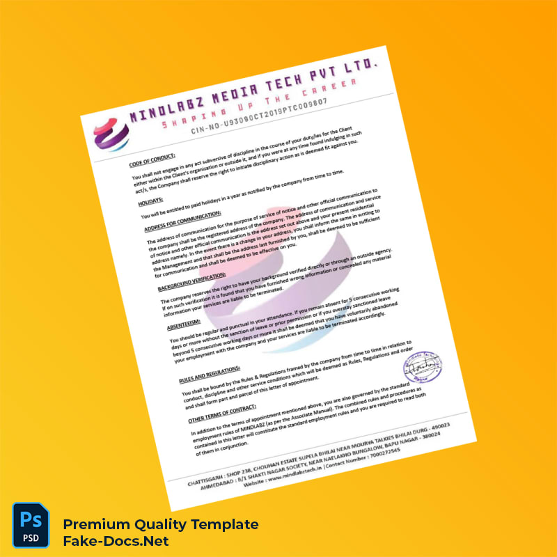 Mindlabz Media Tech Pvt Ltd Employment Verification Letter Template (Word & PDF) 5 page Mindlabz Media Tech Pvt Ltd Employment Verification Letter Template (Word & PDF) 5 page