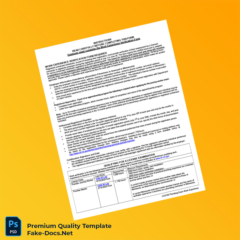 Minnesota Plumbing Work Experience Verification Form Template (Word & PDF) 2 page Minnesota Plumbing Work Experience Verification Form Template (Word & PDF) 2 page