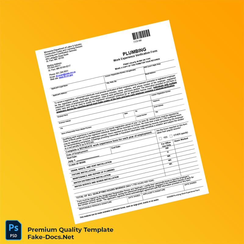 Minnesota Plumbing Work Experience Verification Form Template (Word & PDF) 2 page Minnesota Plumbing Work Experience Verification Form Template (Word & PDF) 2 page