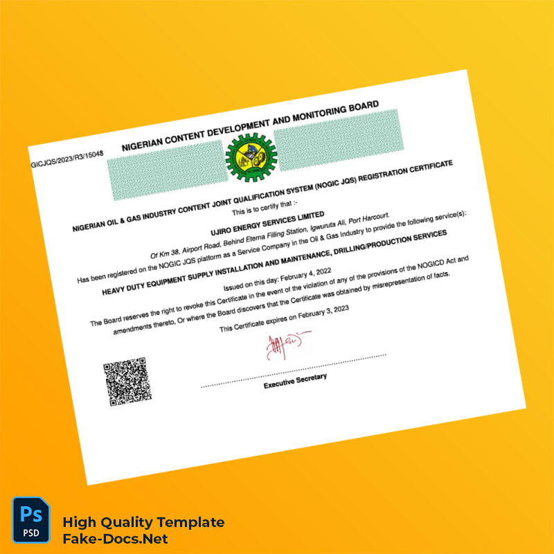 Nigeria NOGIC JQS Registration Certificate Template in Word and PDF formats Nigeria NOGIC JQS Registration Certificate Template in Word and PDF formats