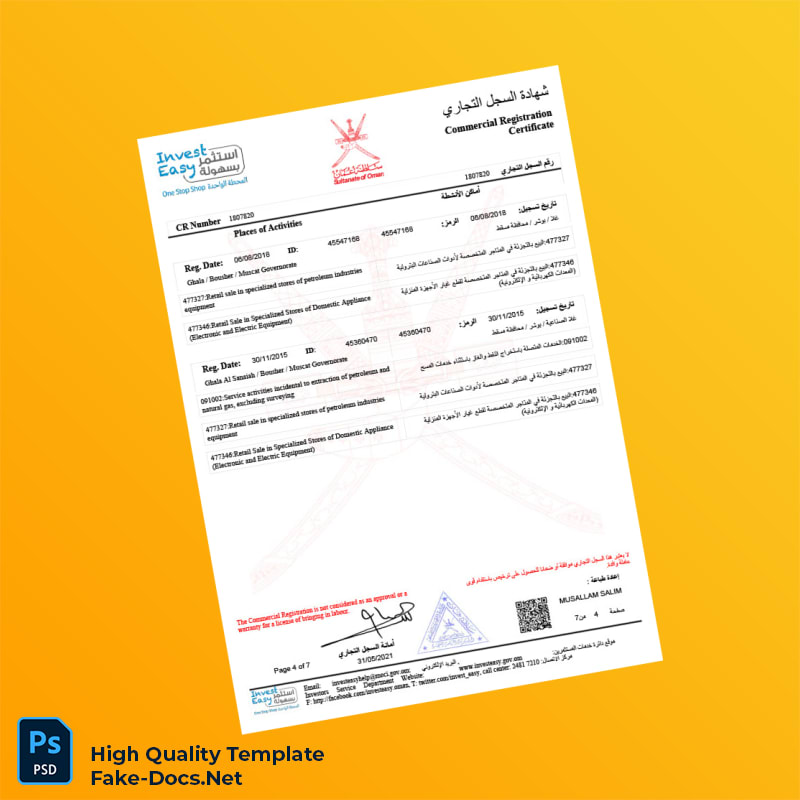 Oman Commercial Registration Certificate Template in Word and PDF formats 7 page Oman Commercial Registration Certificate Template in Word and PDF formats 7 page