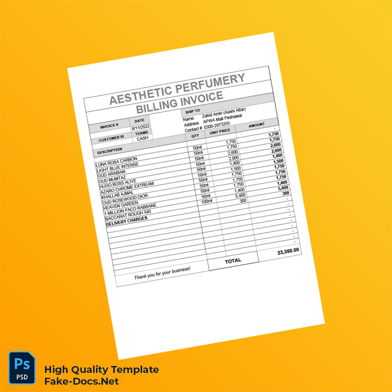Pakistan Aesthetic Perfumery Invoice Template in Word and PDF formats 3 page Pakistan Aesthetic Perfumery Invoice Template in Word and PDF formats 3 page
