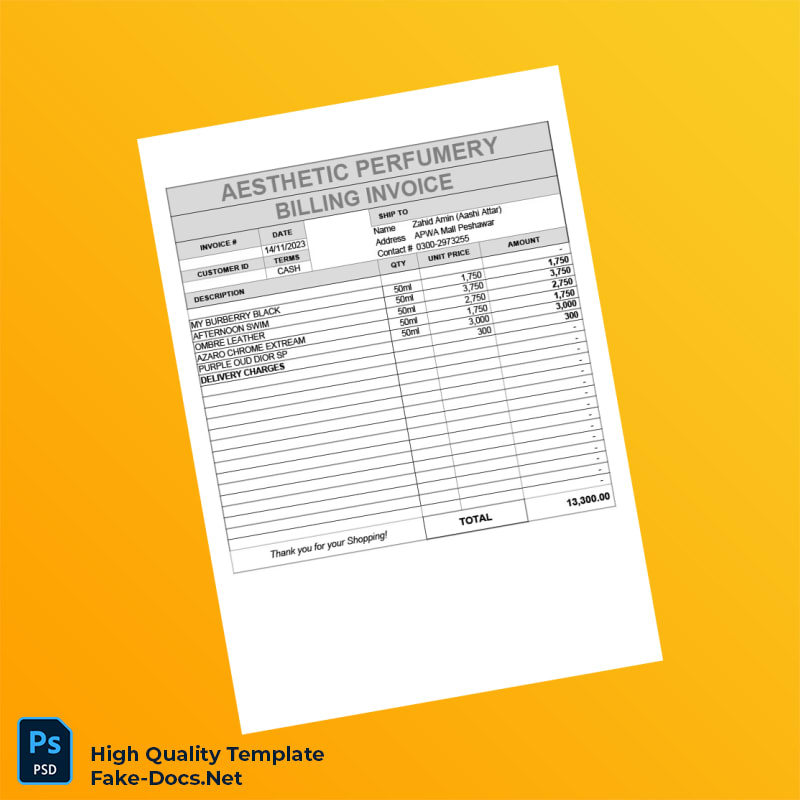 Pakistan Aesthetic Perfumery Invoice Template in Word and PDF formats 3 page Pakistan Aesthetic Perfumery Invoice Template in Word and PDF formats 3 page