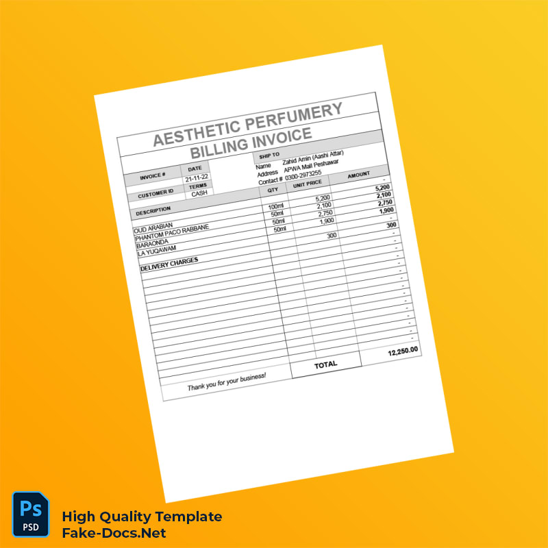 Pakistan Aesthetic Perfumery Invoice Template in Word and PDF formats 3 page Pakistan Aesthetic Perfumery Invoice Template in Word and PDF formats 3 page