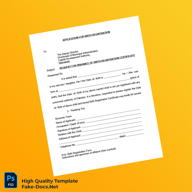 Pakistan Capital Development Authority Editable Birth Registration Application Template in Word and PDF formats 3 page Pakistan Capital Development Authority Editable Birth Registration Application Template in Word and PDF formats 3 page