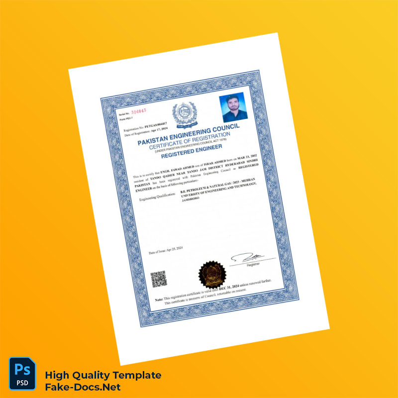 Pakistan Engineering Council Registration Certificate Template in Word and PDF formats Pakistan Engineering Council Registration Certificate Template in Word and PDF formats