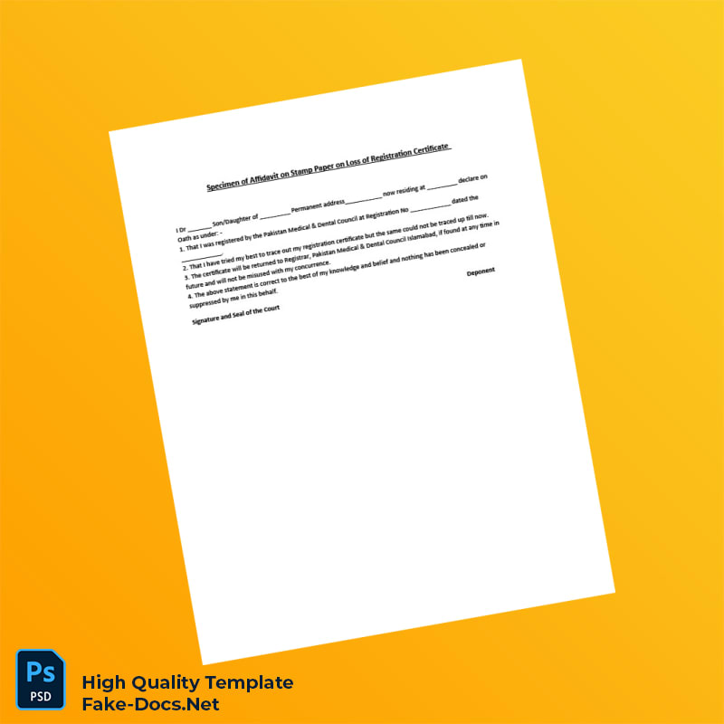 Pakistan Medical Dental Council Duplicate Affidavit for Loss of Registration Certificate in Word and PDF formats Pakistan Medical Dental Council Duplicate Affidavit for Loss of Registration Certificate in Word and PDF formats