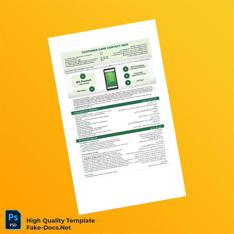 Pakistan PTCL Invoice Template in Word and PDF formats 2 page Pakistan PTCL Invoice Template in Word and PDF formats 2 page