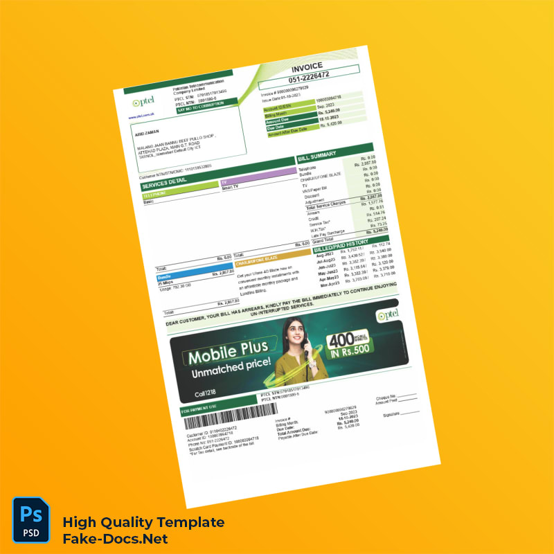 Pakistan PTCL Invoice Template in Word and PDF formats 2 page Pakistan PTCL Invoice Template in Word and PDF formats 2 page