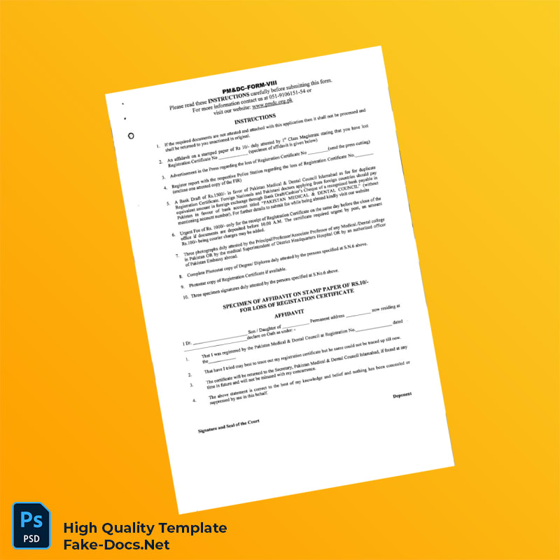 Pakistan Pakistan Medical Dental Council Duplicate Registration Certificate Template in Word and PDF formats 2 page Pakistan Pakistan Medical Dental Council Duplicate Registration Certificate Template in Word and PDF formats 2 page