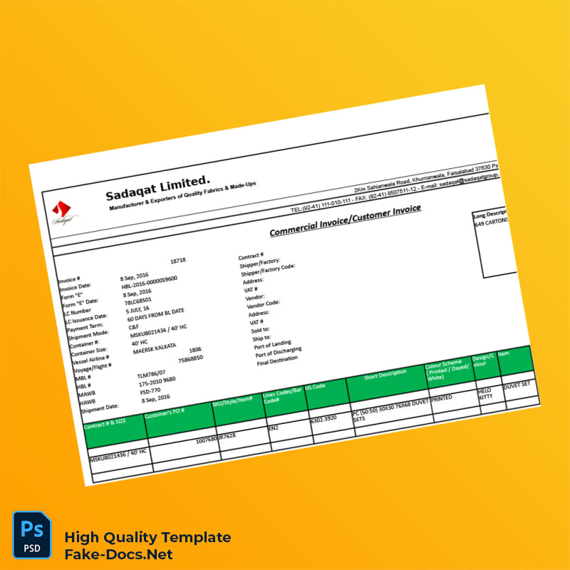 Pakistan Sadaqat Limited Commercial Invoice Template in Word and PDF formats 6 page Pakistan Sadaqat Limited Commercial Invoice Template in Word and PDF formats 6 page