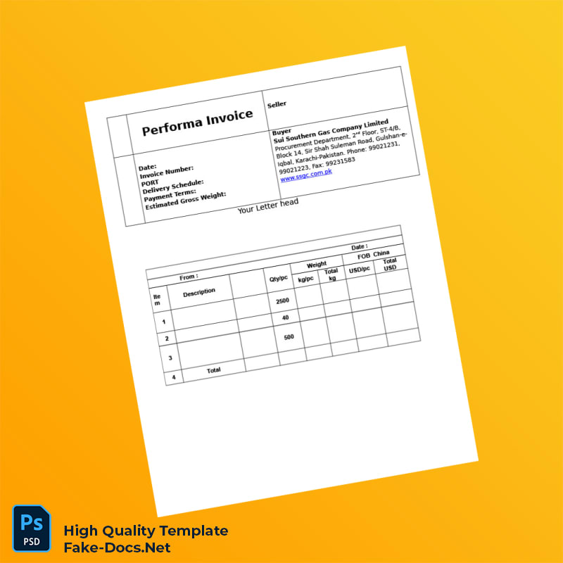 Pakistan Sui Southern Gas Company Limited Performa Invoice Template in Word and PDF formats 2 page Pakistan Sui Southern Gas Company Limited Performa Invoice Template in Word and PDF formats 2 page
