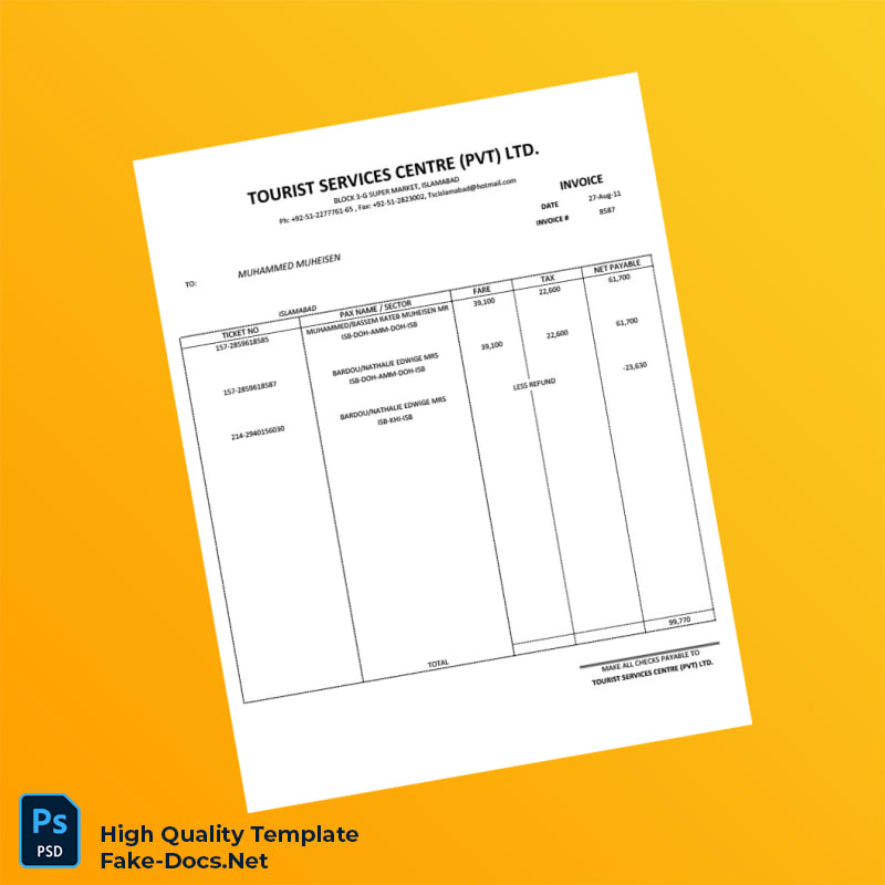 Pakistan Tourist Services Centre Invoice Template in Word and PDF formats Pakistan Tourist Services Centre Invoice Template in Word and PDF formats