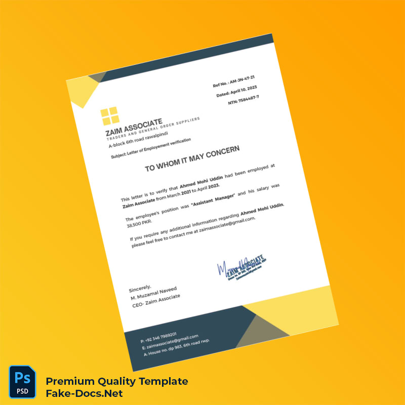 Pakistan Zaim Associate Employment Verification Letter Template (Word & PDF) Pakistan Zaim Associate Employment Verification Letter Template (Word & PDF)
