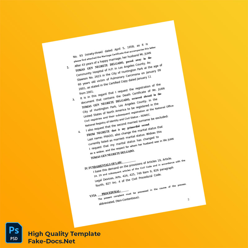 Peru RENIEC Death Certificate Registration Application Template in Word and PDF formats 4 page Peru RENIEC Death Certificate Registration Application Template in Word and PDF formats 4 page