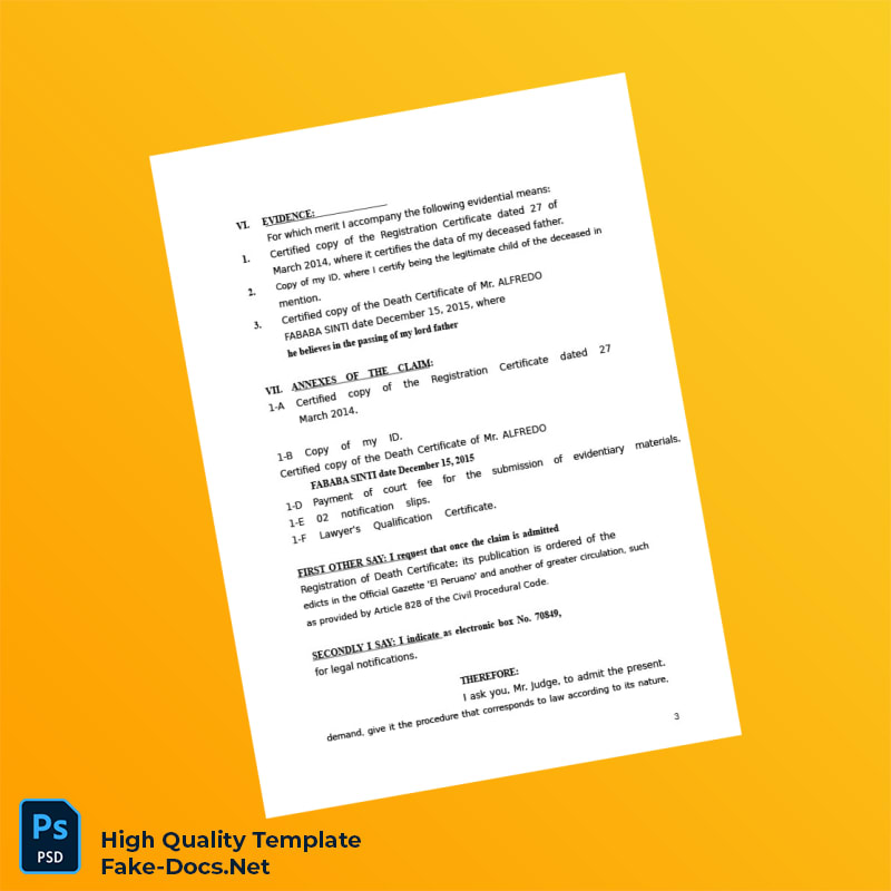 Peru RENIEC Death Certificate Registration Application Template in Word and PDF formats 4 page Peru RENIEC Death Certificate Registration Application Template in Word and PDF formats 4 page